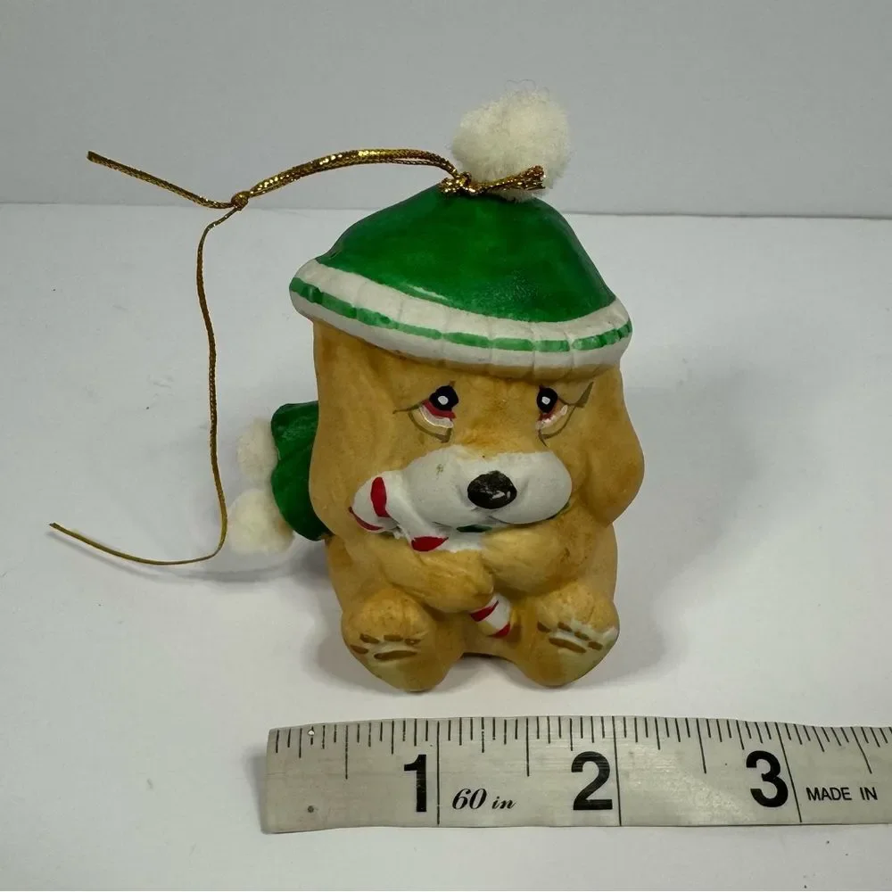 Vintage Happy Bear Bell Christmas Ornaments Dog Green Santa Hat Porcelain